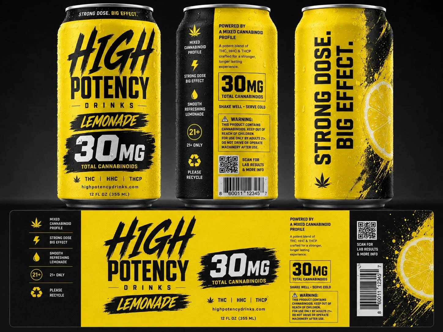 High Potency Drinks lemonade cans — 30mg total cannabinoids, THC, HHC and THCP